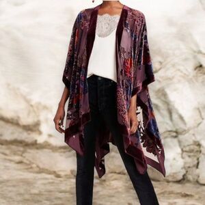 Burgundy Embroidered Velvet Lightweight Open Front Mid Length Kimono Jacket